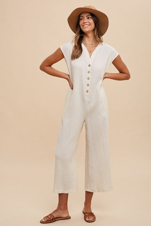 Annie Button-Front Wide Leg Jumpsuit with Pockets