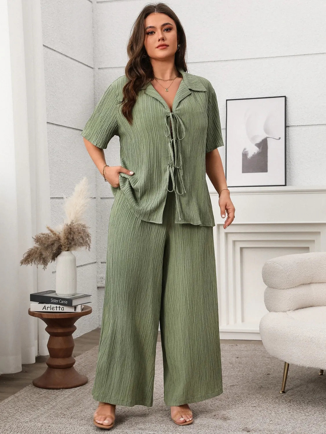 Tie Front Short Sleeve Top & Pants Set – Plus Size - Matcha Green, back view on model - Be Juliet