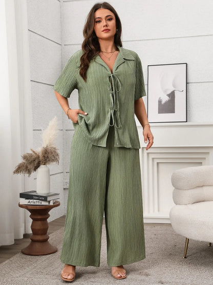 Tie Front Short Sleeve Top & Pants Set – Plus Size - Matcha Green, back view on model - Be Juliet