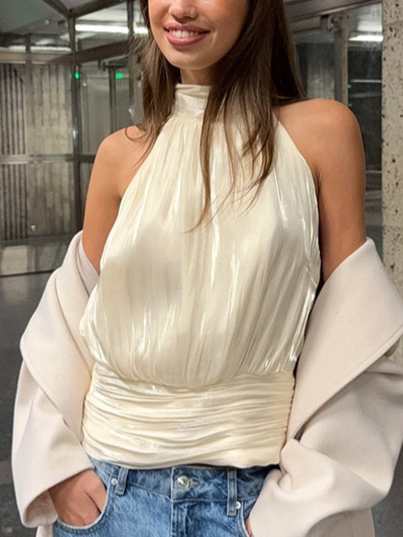 Elise Halter Ruched Cami - Cream, front view on model - Be Juliet