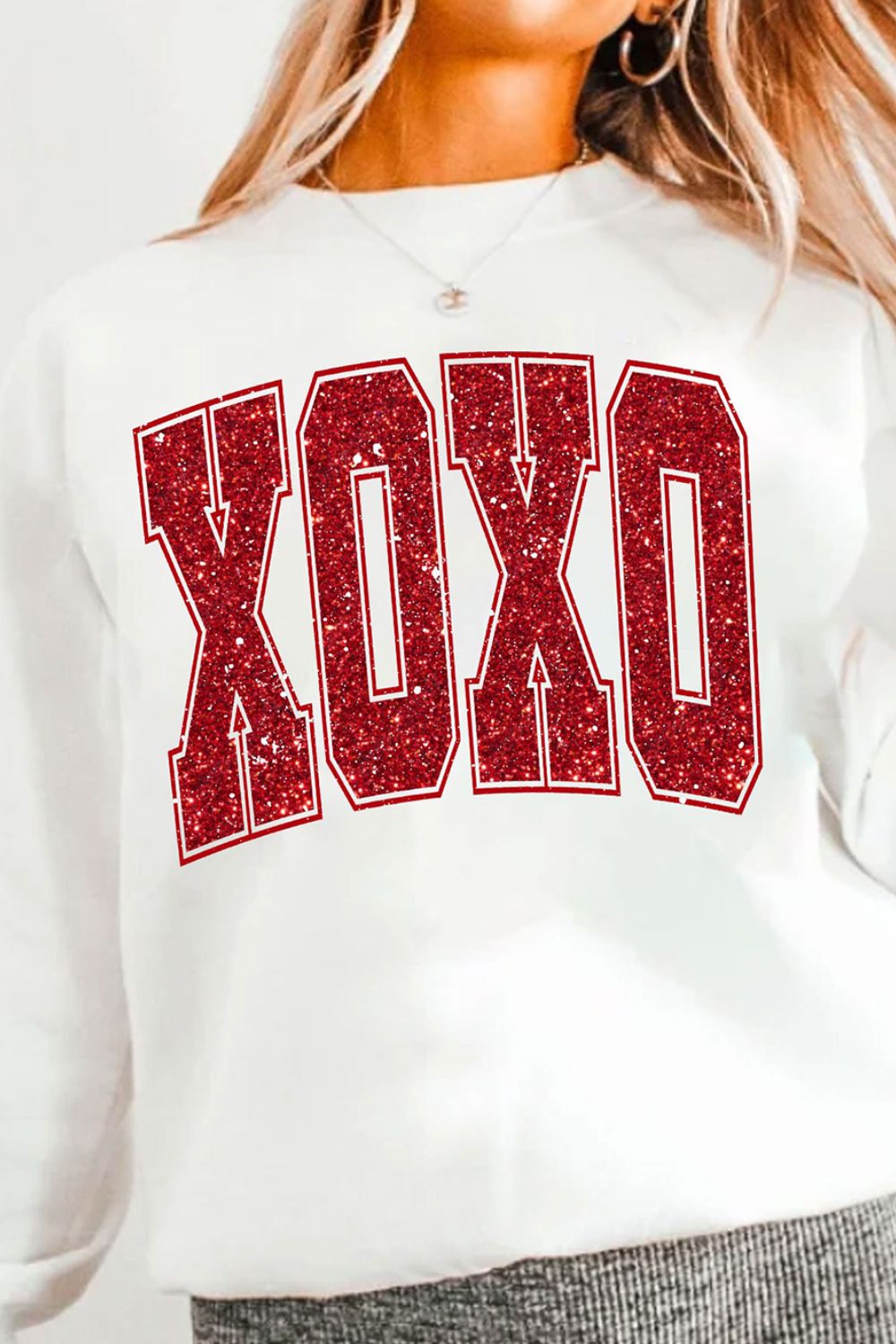 Valentine’s Day XOXO Glitter Round Neck Sweatshirt - White, back view on model - Be Juliet
