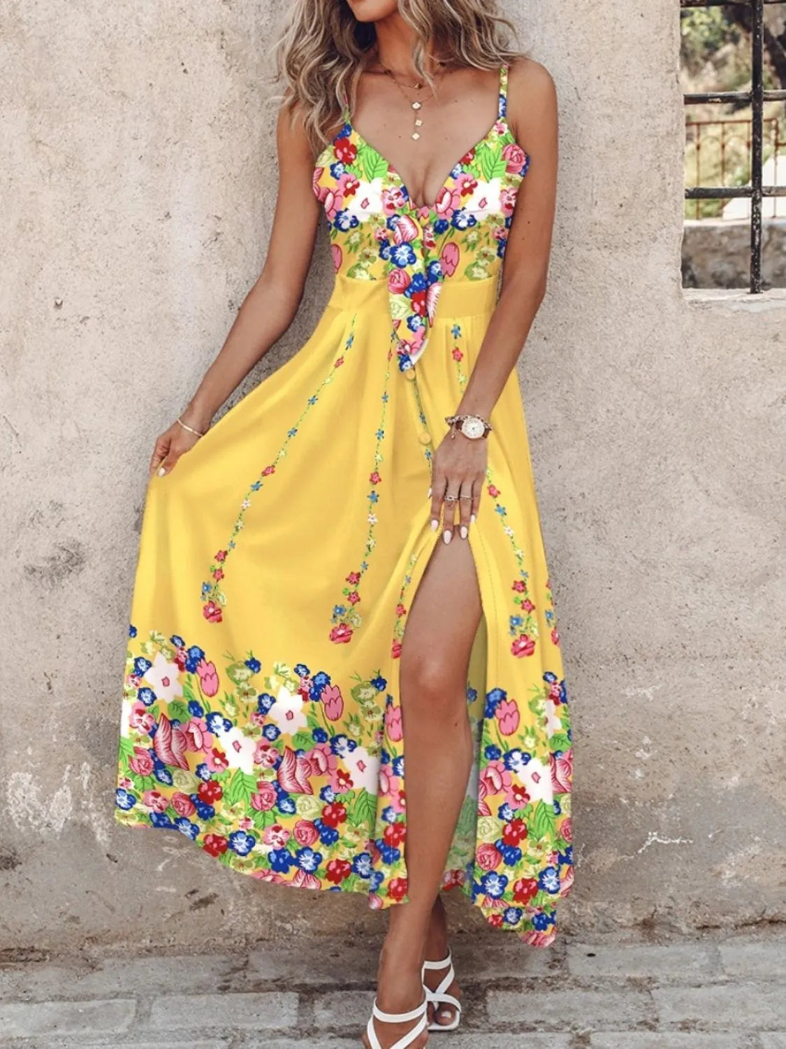 Fleur Feather Print Spaghetti Strap Dress - Yellow Bottom Flower, back view on model - Be Juliet