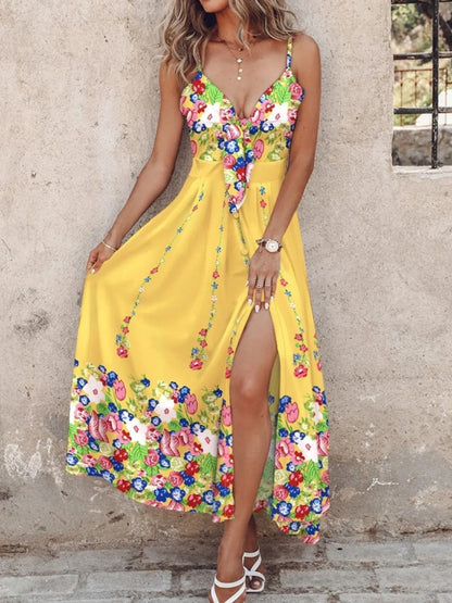 Fleur Feather Print Spaghetti Strap Dress - Yellow Bottom Flower, back view on model - Be Juliet