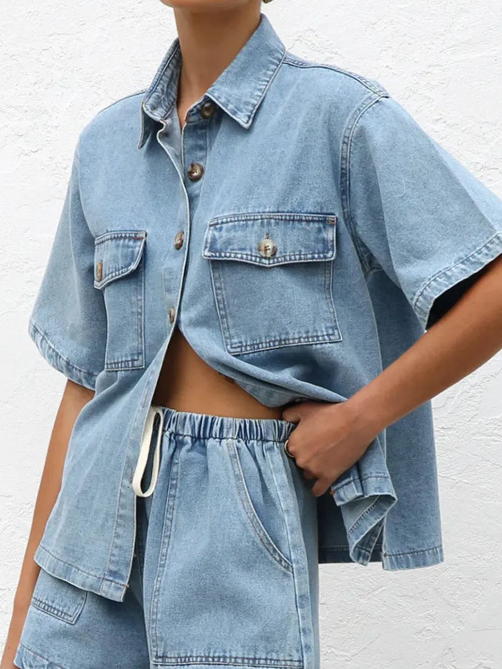 Kati Button Up Half Sleeve Denim Shirt - Light, front view on model - Be Juliet