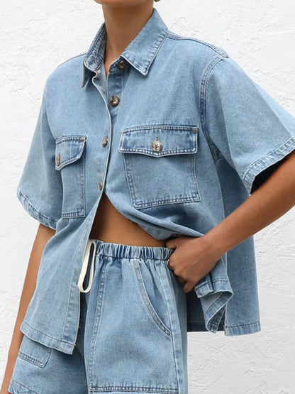 Kati Button Up Half Sleeve Denim Shirt - Light, front view on model - Be Juliet