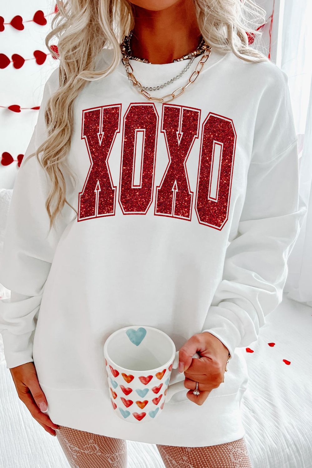 Valentine’s Day XOXO Glitter Round Neck Sweatshirt - White, front view on model - Be Juliet