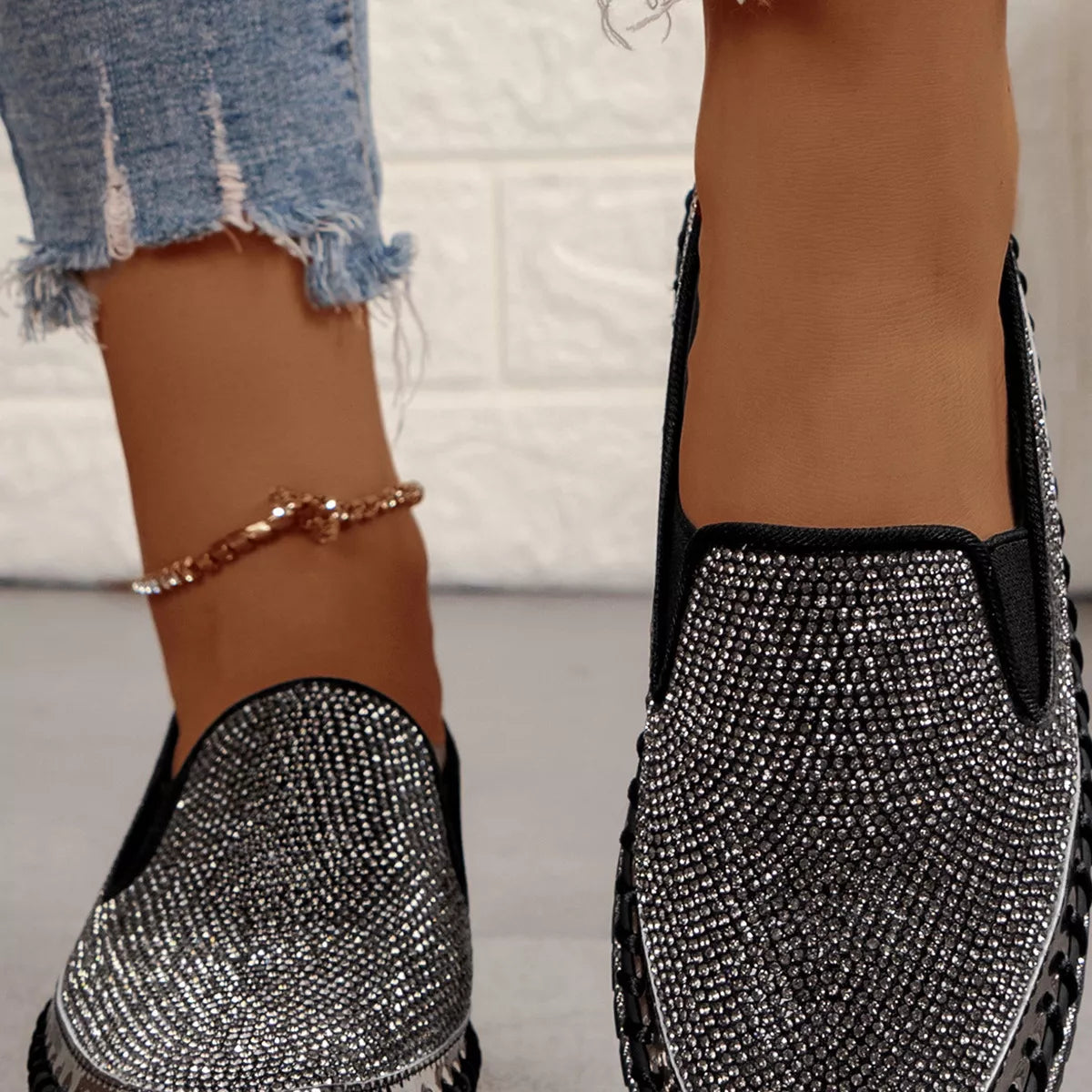Rhinestone Round Toe Platform Loafers - Be Juliet
