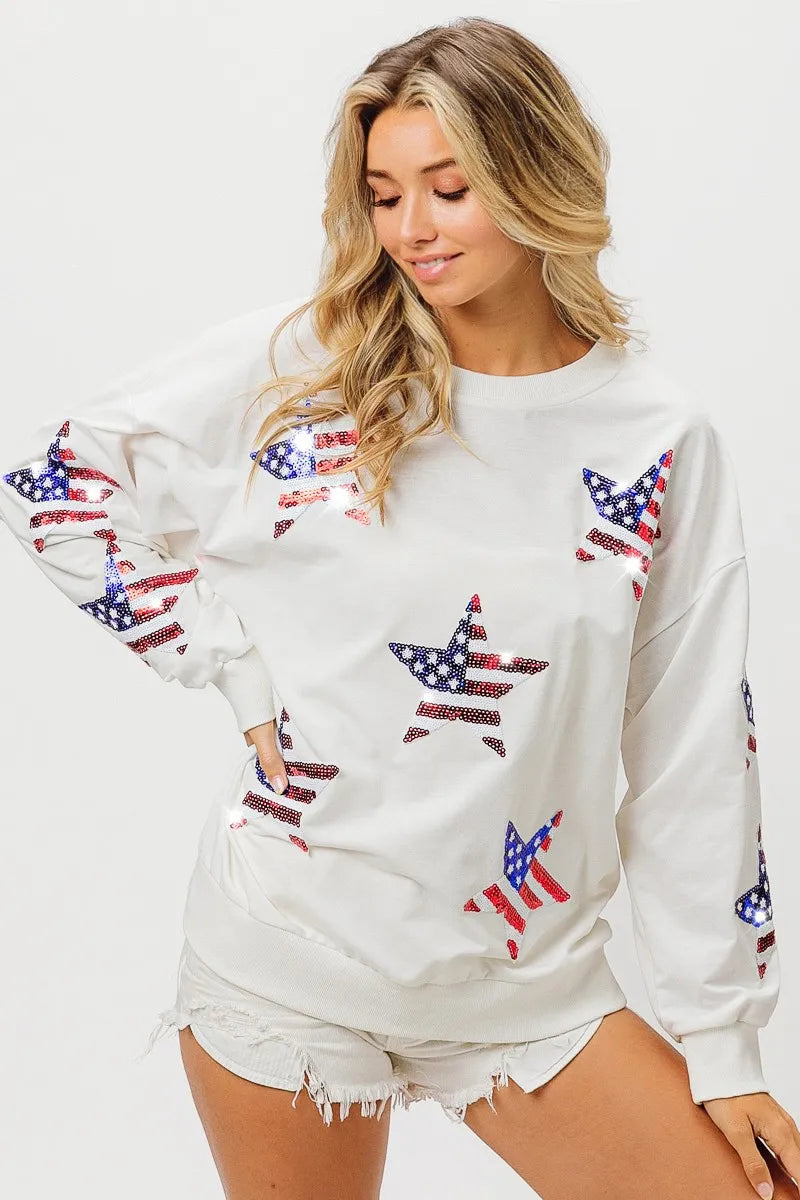Sequin Star Flag Sweatshirt – Oversized Fit - OFF WHITE, flat lay front view - Be Juliet