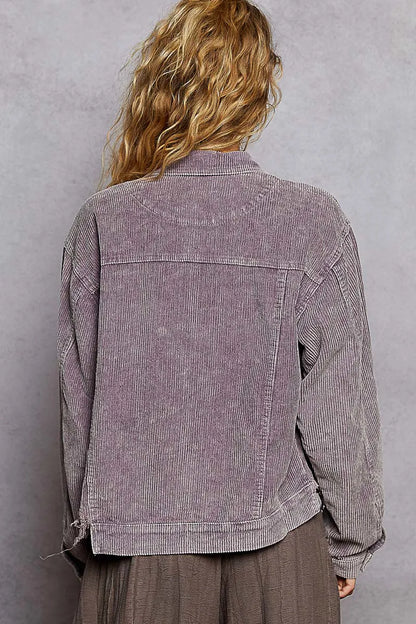 POL Button Down Corduroy Trucker Jacket - Lilac, side view on model - Be Juliet