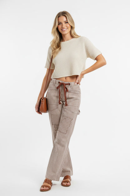 BiBi Drawstring Striped Twill Barrel Pants - Be Juliet