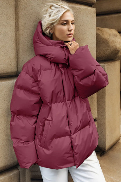 Pocketed Zip Up Hooded Puffer Jacket - Be Juliet