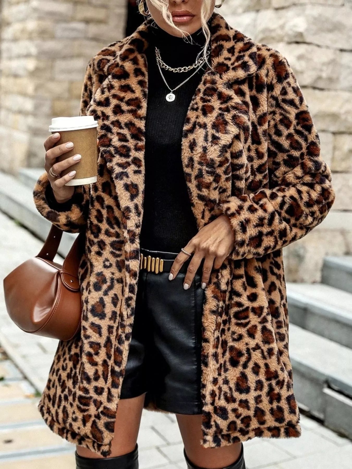 Leopard Print Faux Fur Longline Coat - Be Juliet