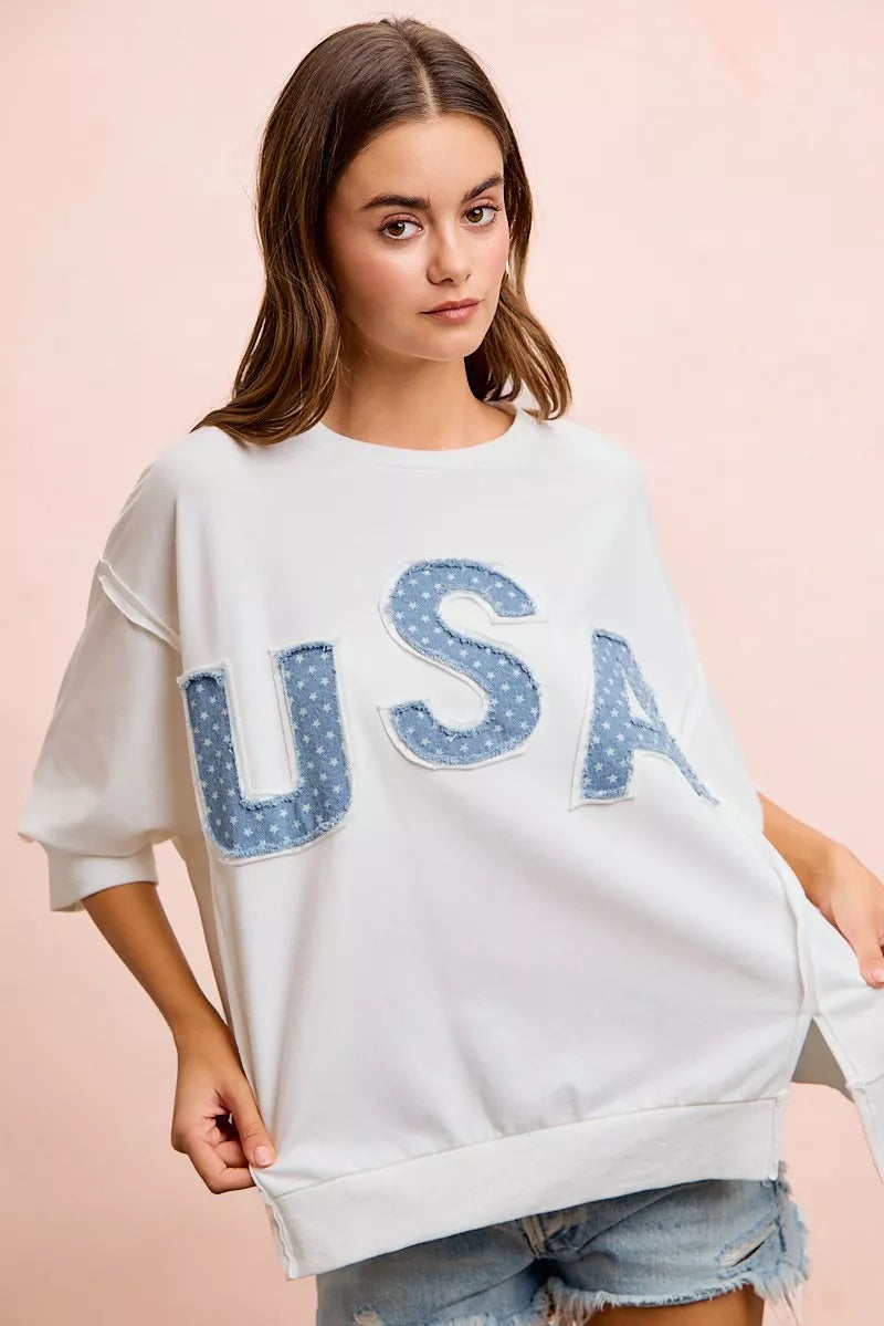 BiBi 4th Of July Usa Letter Patchwork French Terry Top - Ivory, close-up detail - Be Juliet