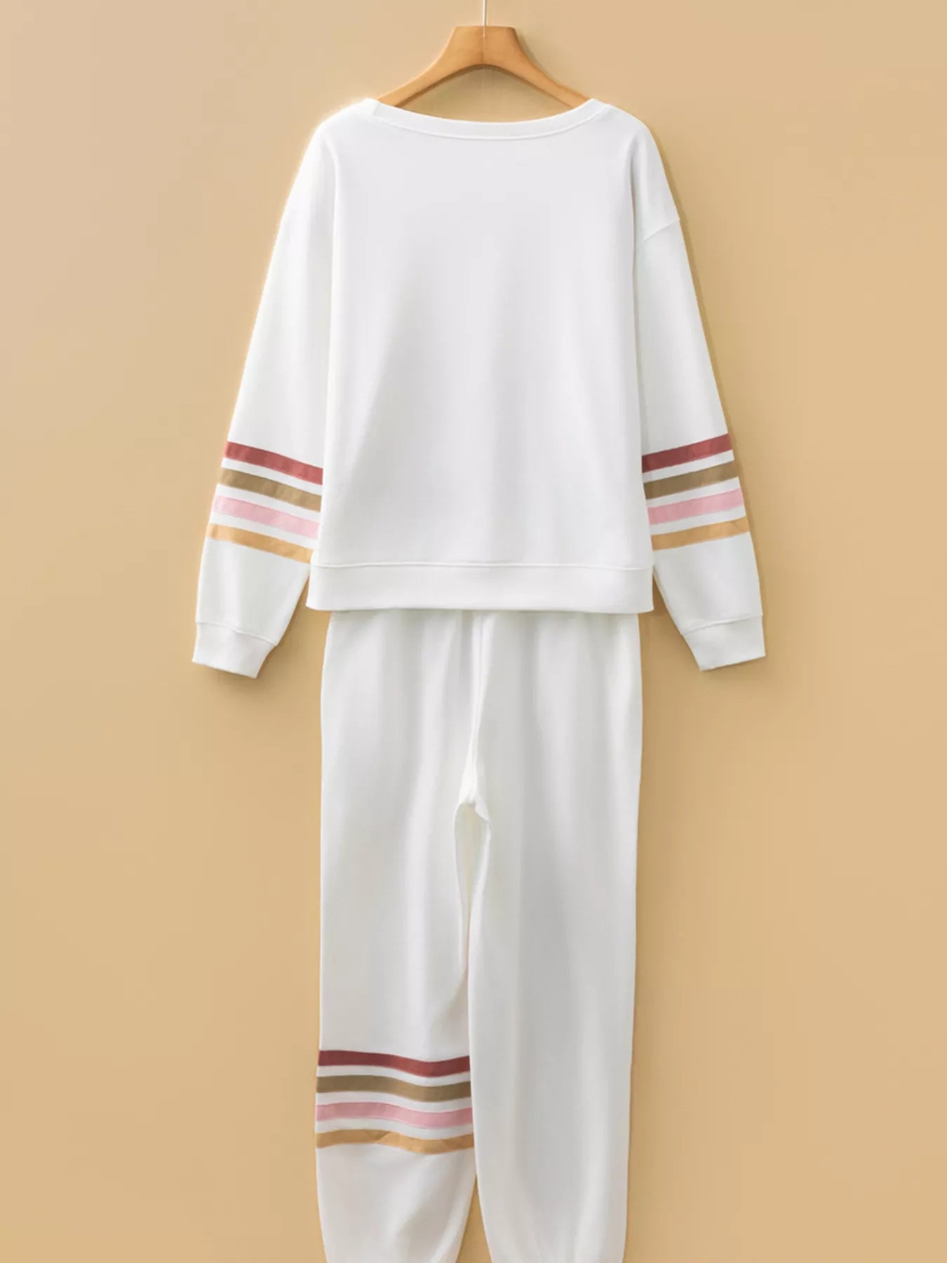 Striped Trim Round Neck Top and Pants Set - White, 3/4 angled view on model - Be Juliet