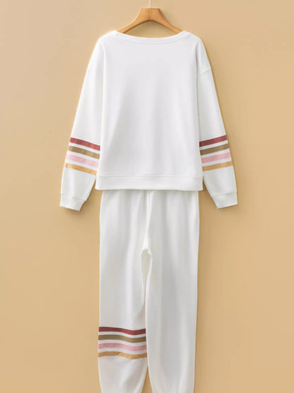 Striped Trim Round Neck Top and Pants Set - White, 3/4 angled view on model - Be Juliet