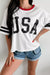 USA Letter Printed Varsity Striped Sleeve Round Neck Tee - White, front view on model - Be Juliet
