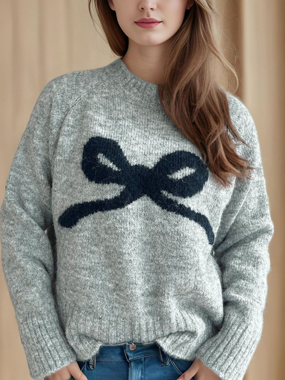 Bow Round Neck Long Sleeve Sweater - Dark Gray, back view on model - Be Juliet