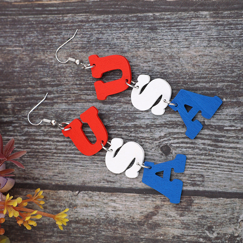 USA Wooden Letter Dangle Earrings - side view showing earring length - Be Juliet