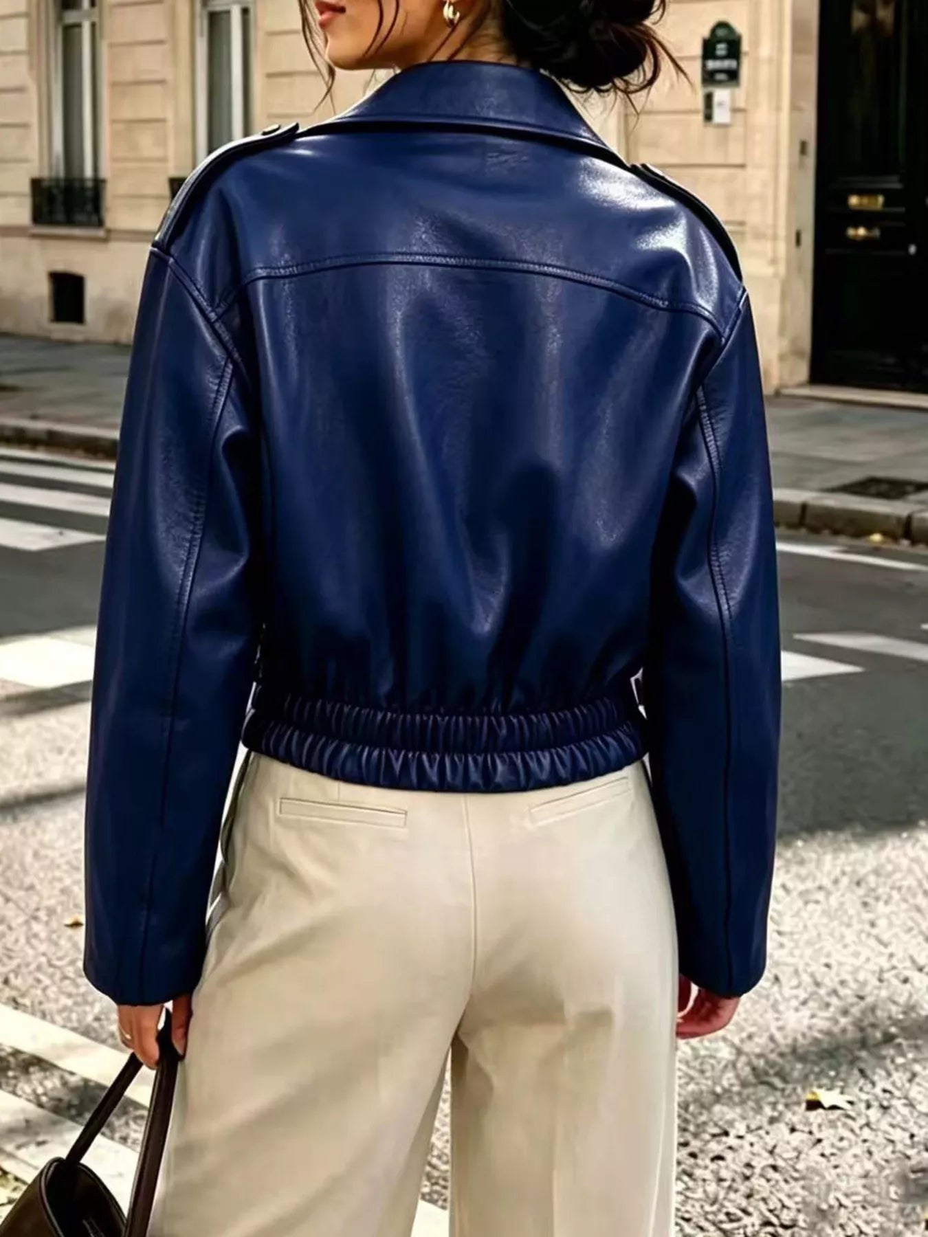 The Moto Faux Leather Zip Jacket - Blue, back view shoulder yoke - Be Juliet
