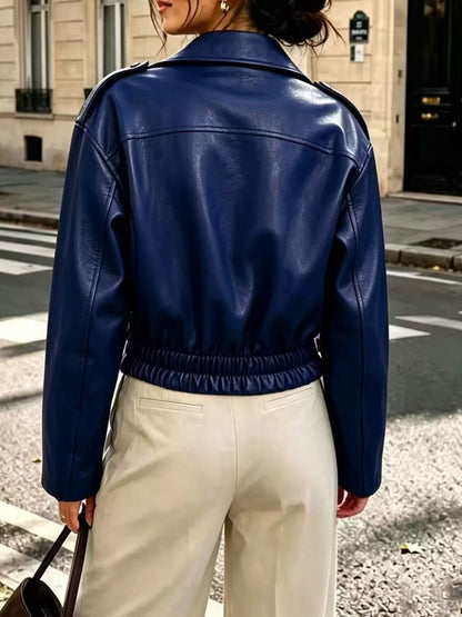 The Moto Faux Leather Zip Jacket - Blue, back view shoulder yoke - Be Juliet