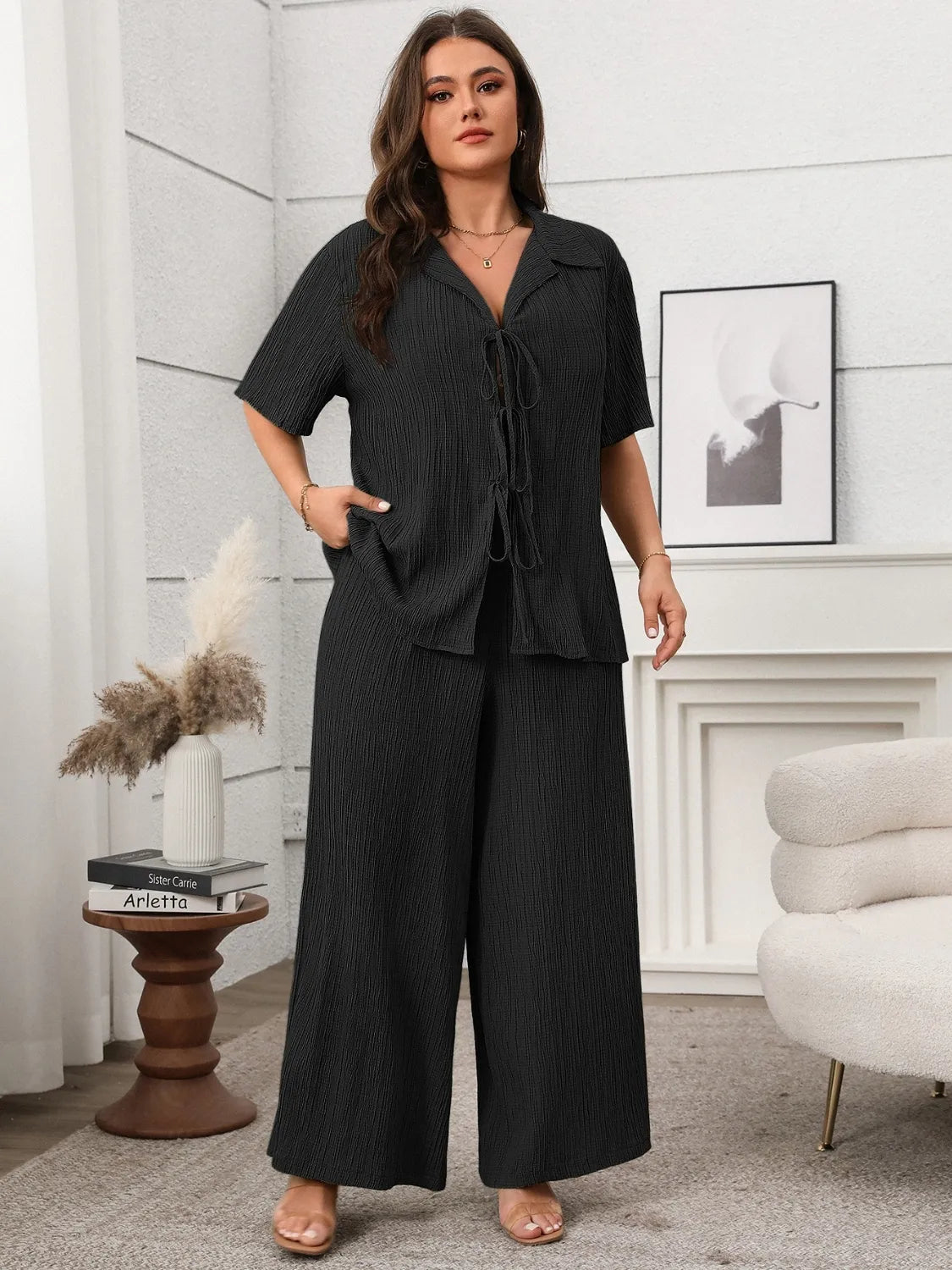 Tie Front Short Sleeve Top & Pants Set – Plus Size - Matcha Green, close-up detail - Be Juliet