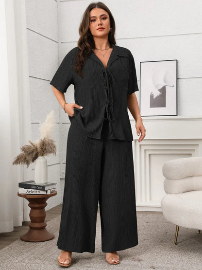 Tie Front Short Sleeve Top & Pants Set – Plus Size - Matcha Green, close-up detail - Be Juliet