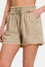 Zenana Washed Linen Frayed Hem Drawstring Shorts - Beige, front view on model - Be Juliet