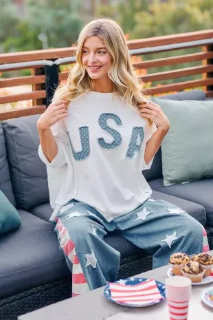 BiBi 4th Of July Usa Letter Patchwork French Terry Top - Ivory, front close-up on model - Be Juliet