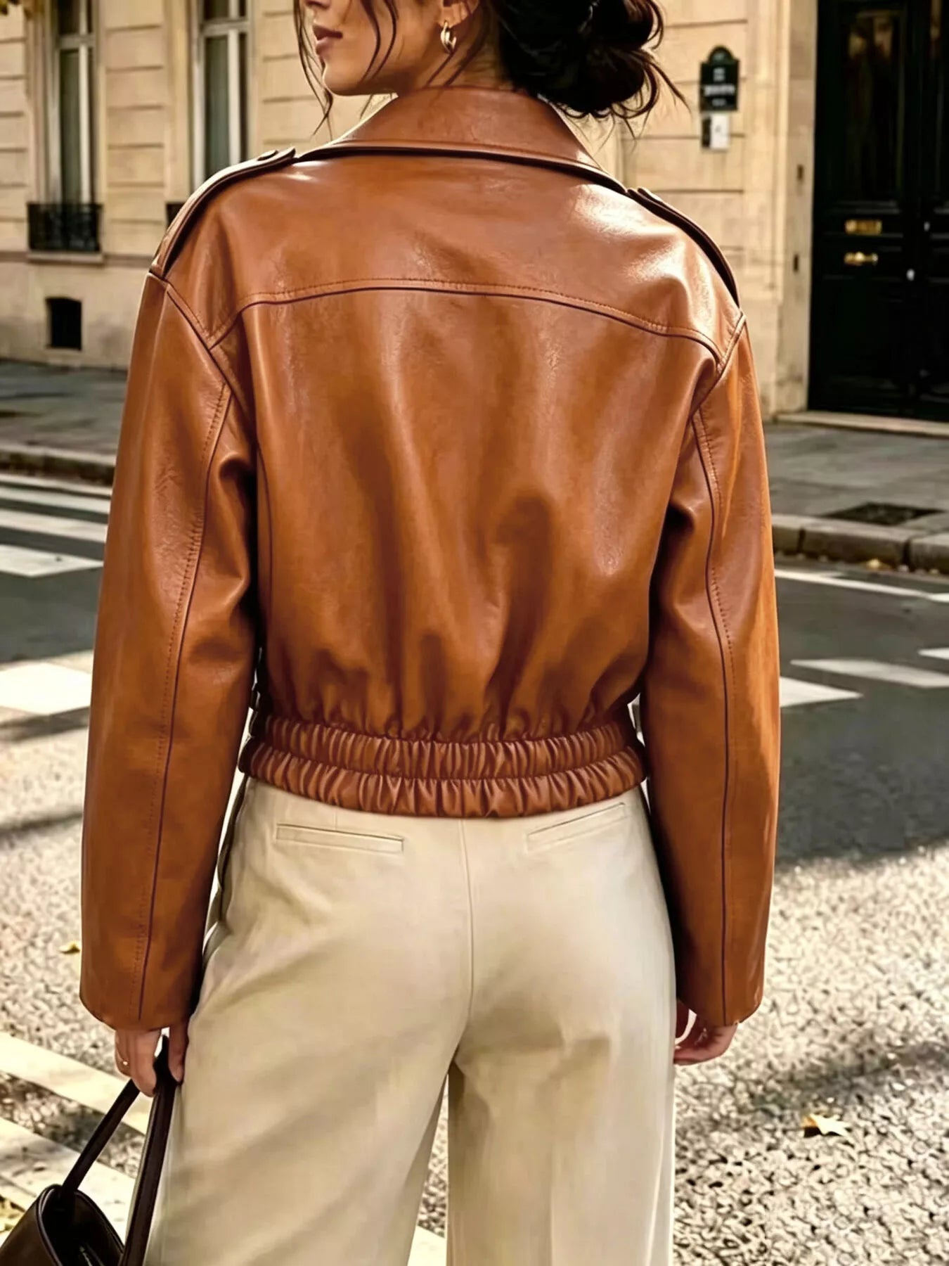 The Moto Faux Leather Zip Jacket - Caramel, back view shoulder yoke - Be Juliet