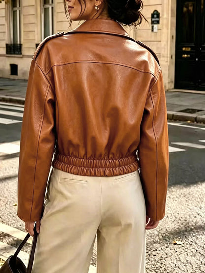The Moto Faux Leather Zip Jacket - Caramel, back view shoulder yoke - Be Juliet