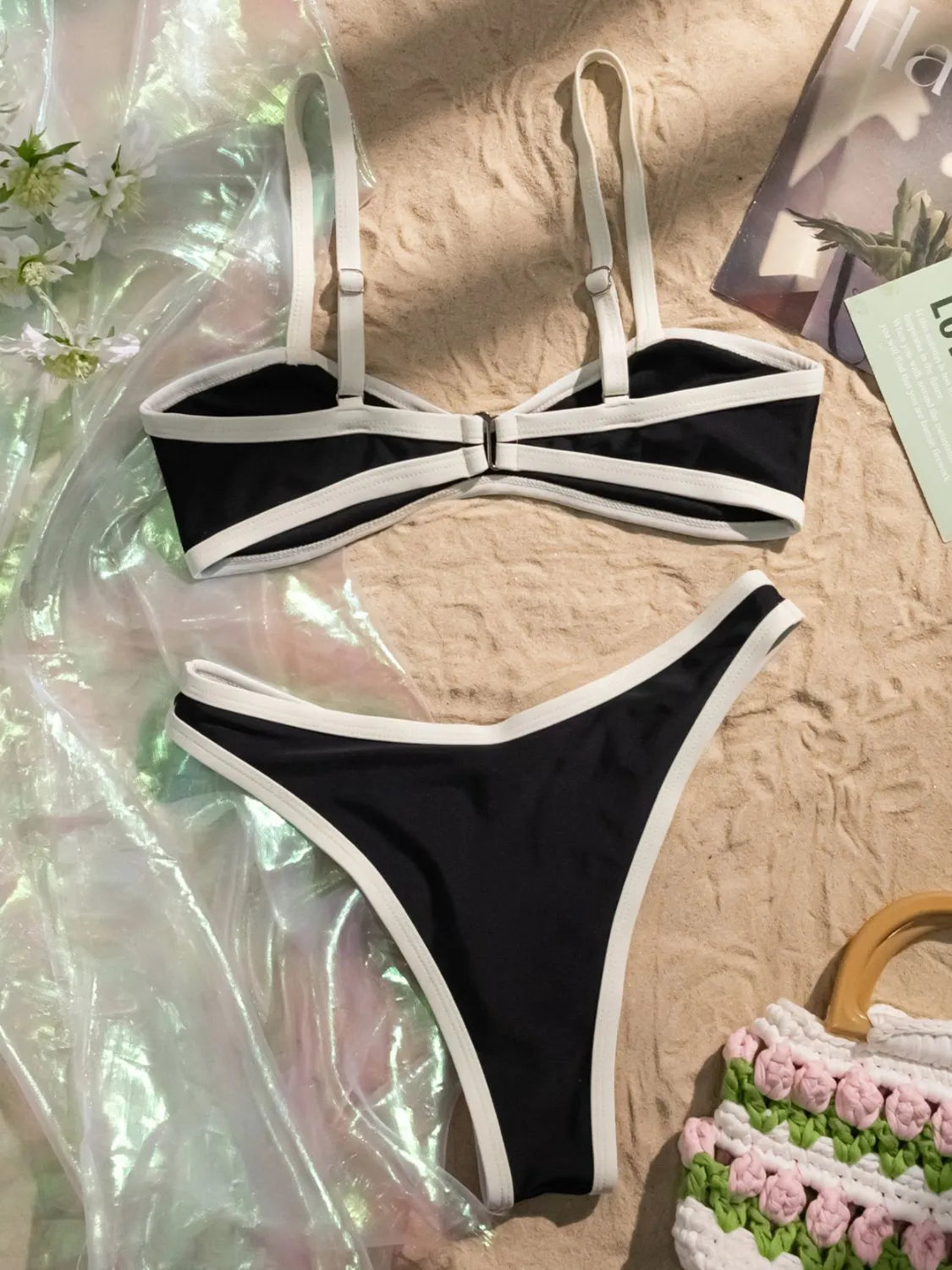 Contrast Trim Two-Piece Bikini Set - Black, flat lay front view - Be Juliet