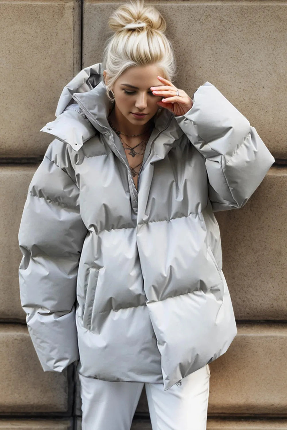 Pocketed Zip Up Hooded Puffer Jacket - Be Juliet