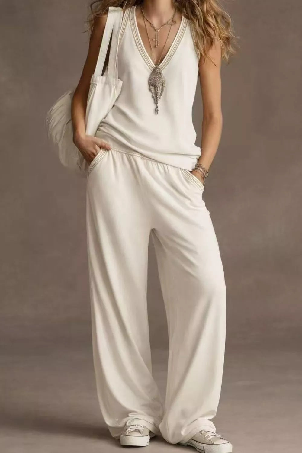 The Chloé — V-Neck Tank and Wide Leg Pants Set - White, contrast trim detail close-up - Be Juliet