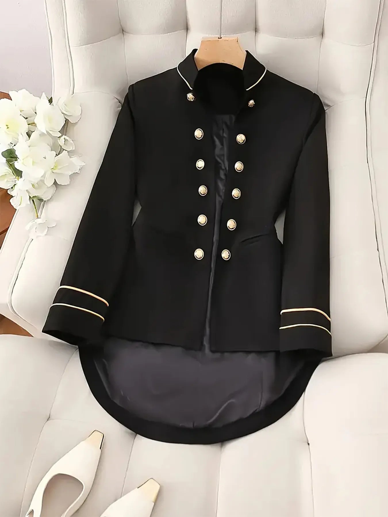 Decorative Button High-Low Blazer with Cuff Trim - Black, back view on model - Be Juliet