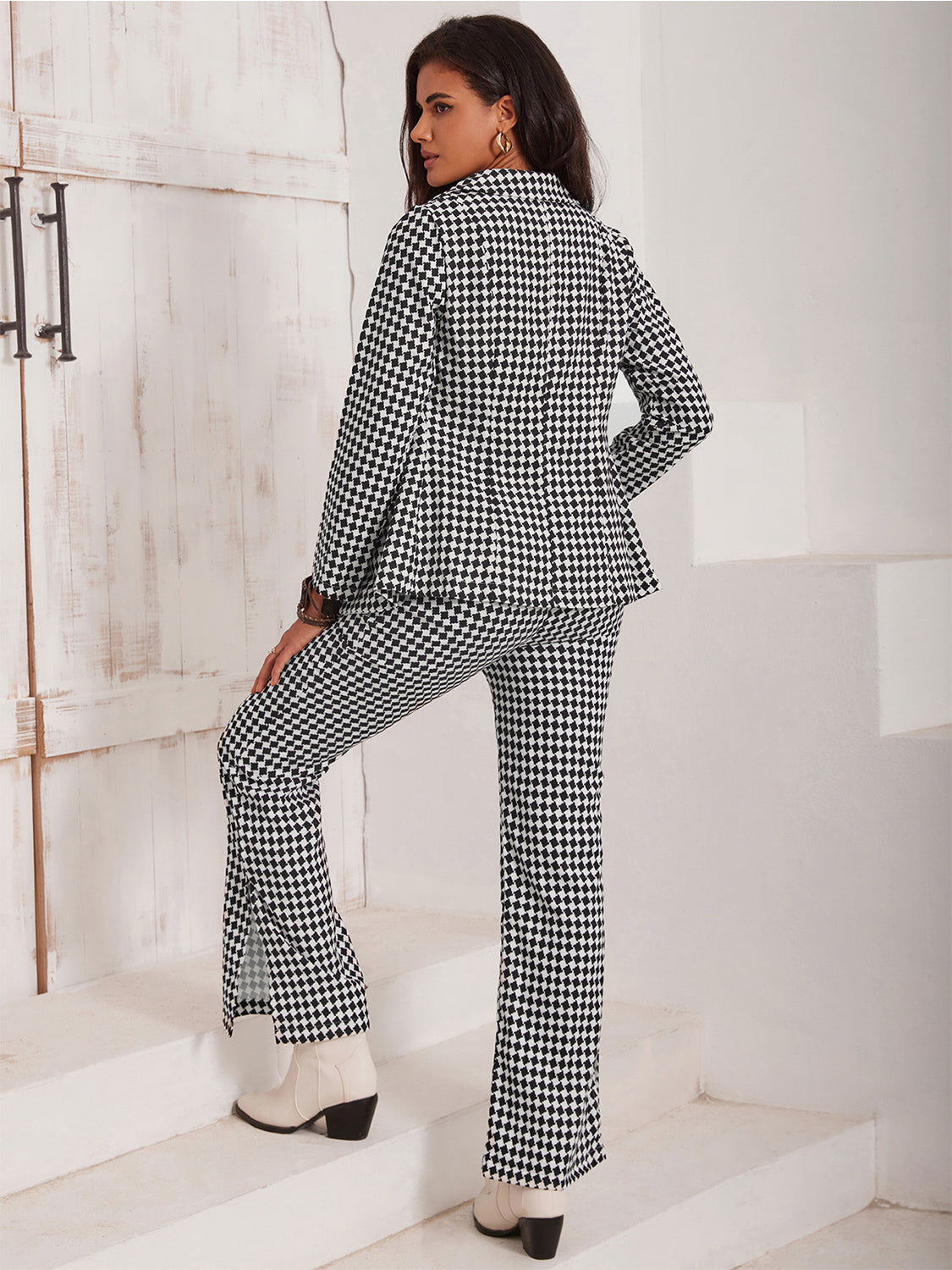 Ana Lisa Checkered Blazer & Slit Pants Set - Plaid, back view on model - Be Juliet