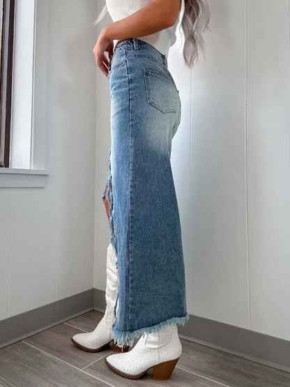 High-Waist Raw Hem Asymmetry Denim Skirt - Be Juliet