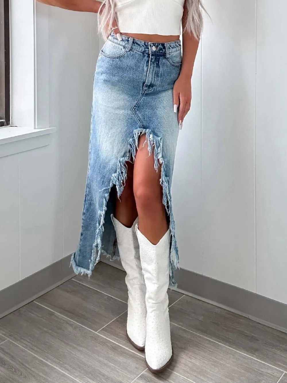 High-Waist Raw Hem Asymmetry Denim Skirt - Be Juliet