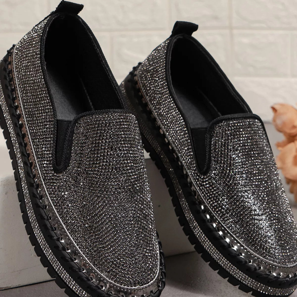 Rhinestone Round Toe Platform Loafers - Be Juliet
