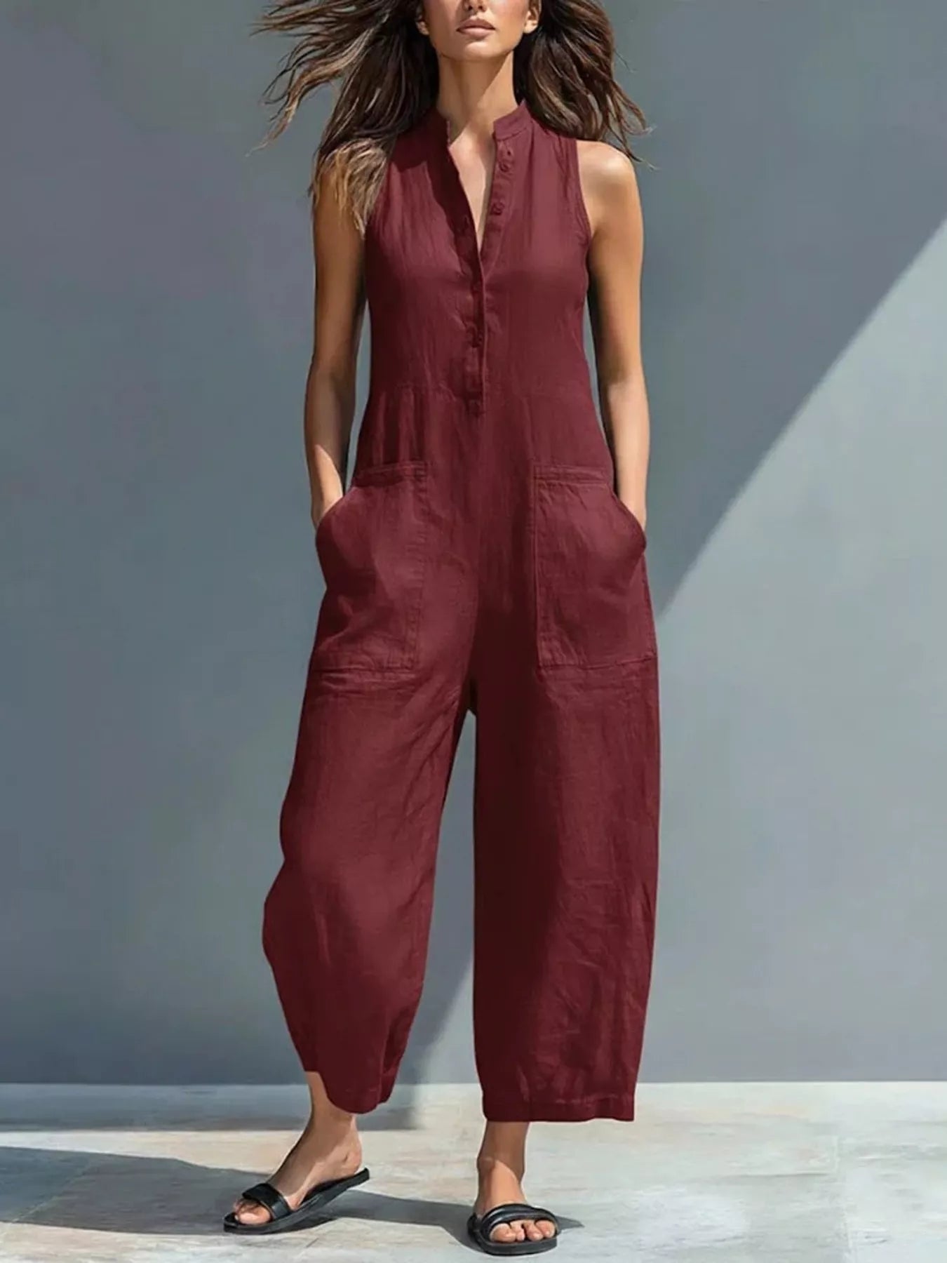 The Lucette — Button Front Sleeveless Jumpsuit - Wine Red, front view on model - Be Juliet