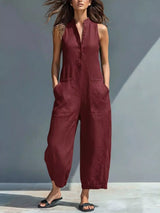 Button Front Sleeveless Jumpsuit - Be Juliet