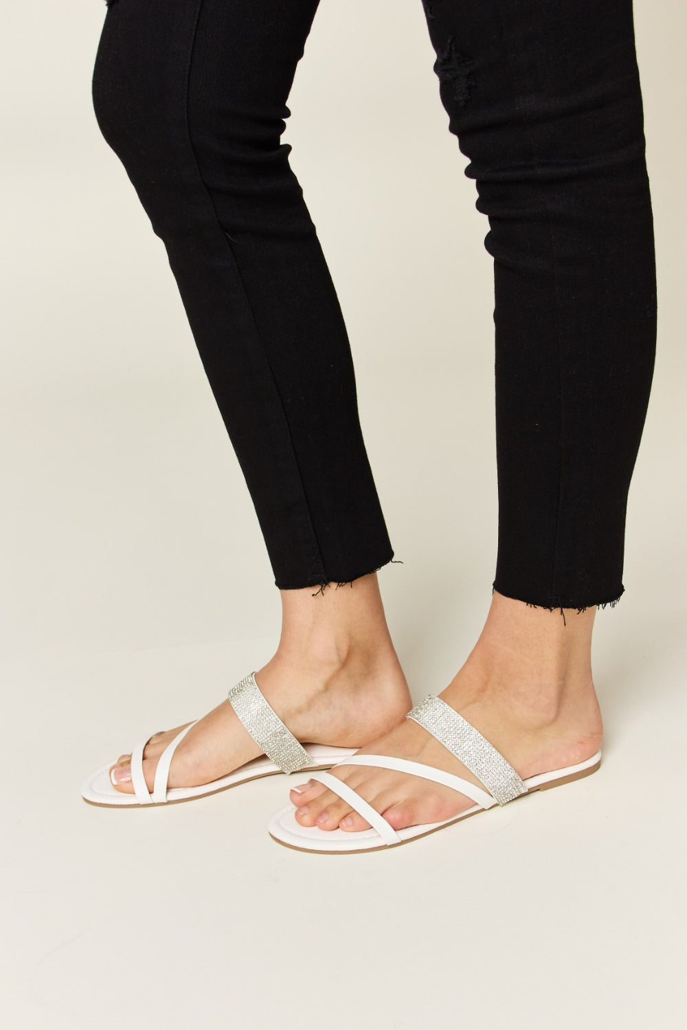 WILD DIVA Rhinestone Strappy Flat Sandals - White, front view of pair - Be Juliet