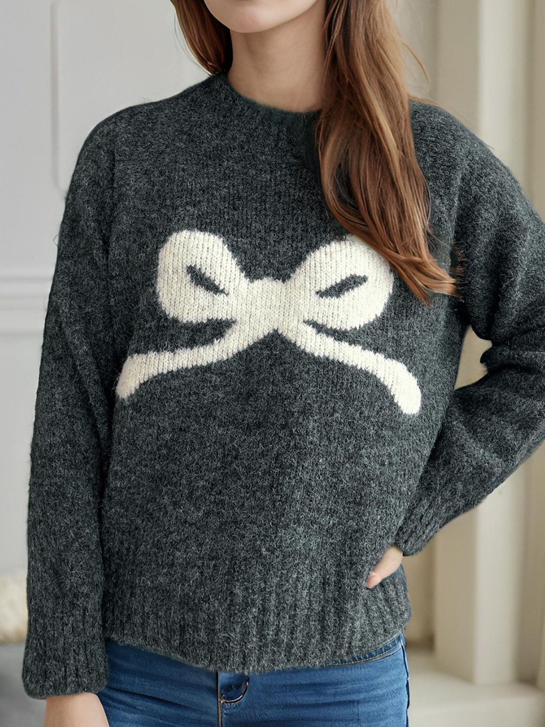 Bow Round Neck Long Sleeve Sweater - Dark Gray, front view on model - Be Juliet