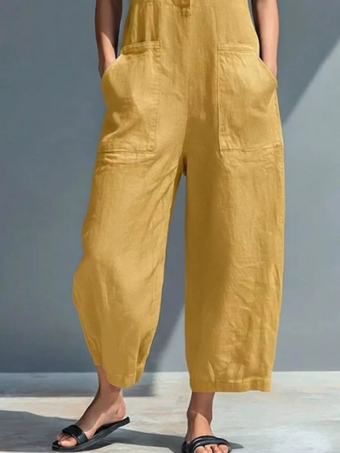 The Lucette — Button Front Sleeveless Jumpsuit - Yellow, back view on model - Be Juliet
