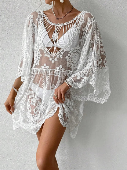 Lace Round Neck Cover-Up - White, front view on model over bikini - Be Juliet
