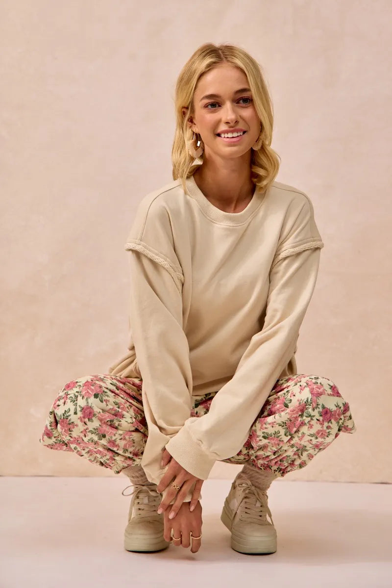 Floral Printed Twill Drawstring Pants - Be Juliet