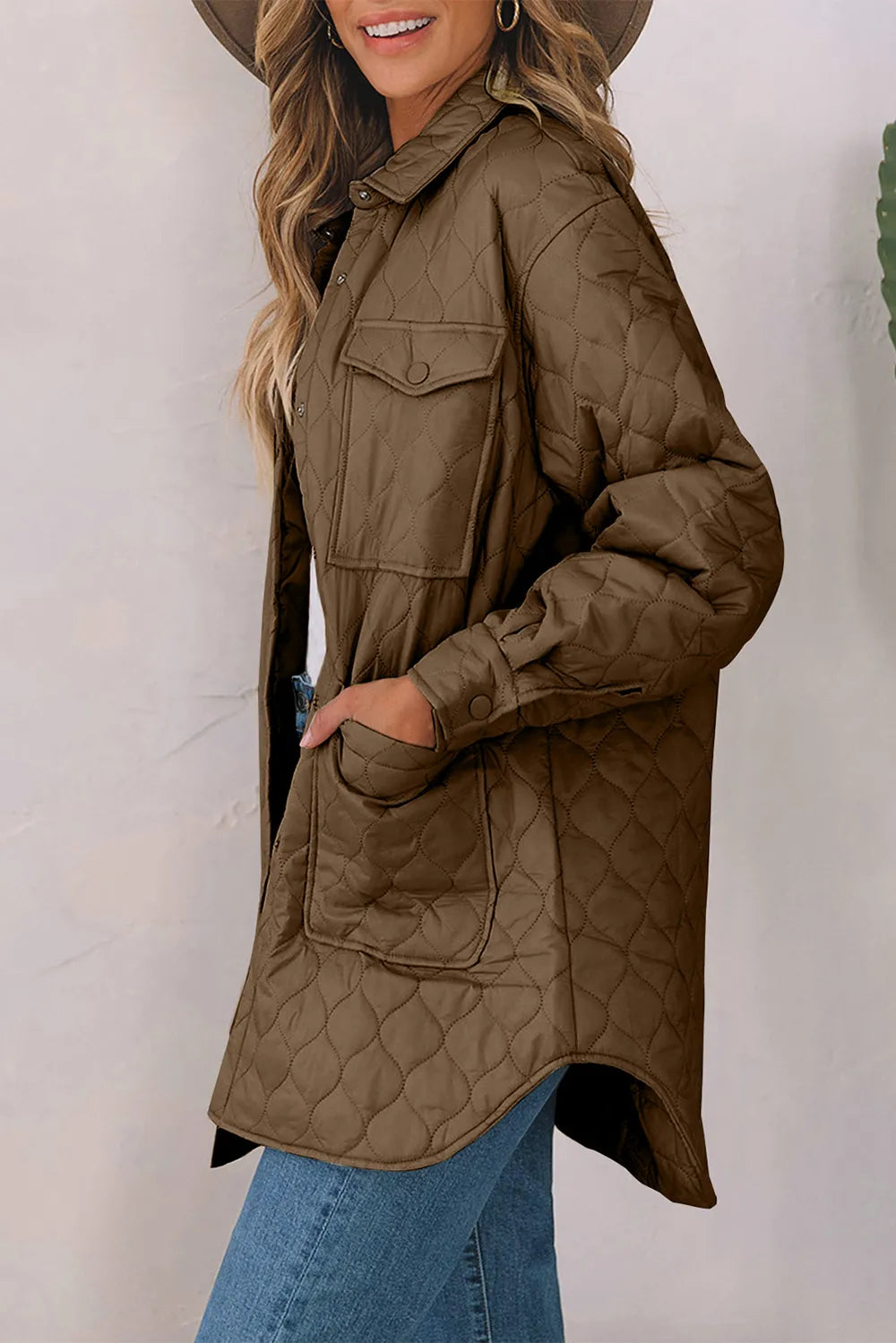 Snap Down Collared Winter Coat - Burgundy, back view on model - Be Juliet