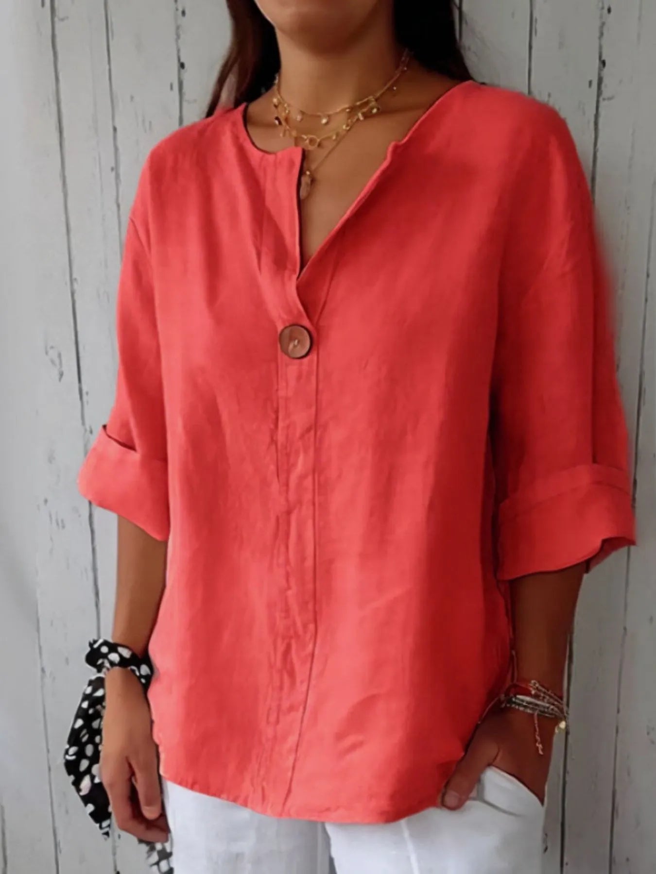 Catalina Notched Linen-Blend Blouse — Plus Size - Be Juliet