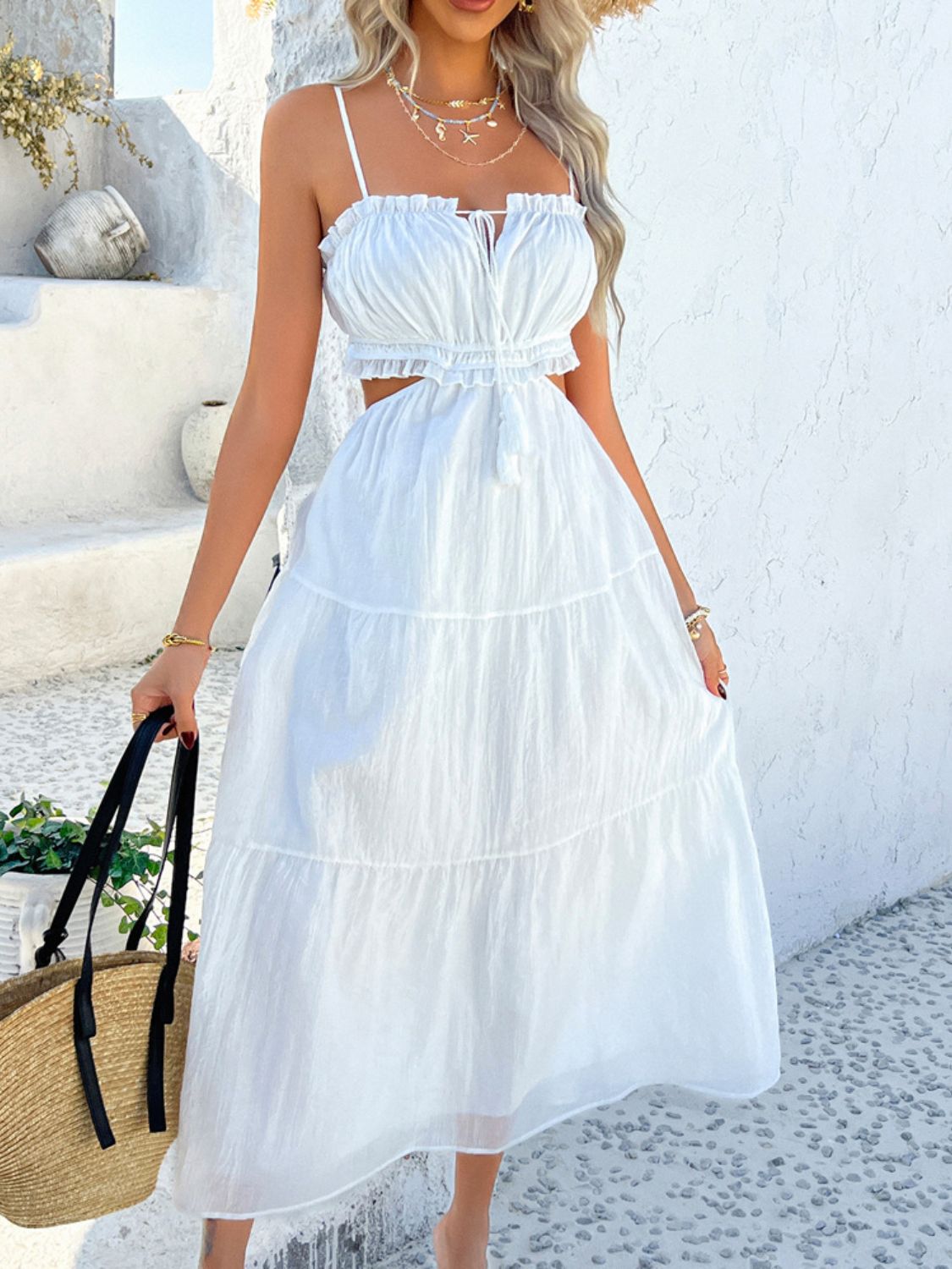 Devine Tie Back Cami Midi Dress - White, front view on model - Be Juliet
