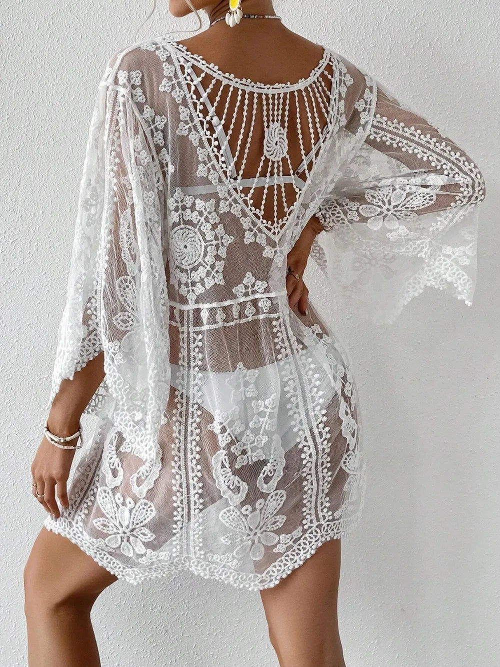 Lace Round Neck Cover-Up - White, back view, open-back crochet yoke - Be Juliet