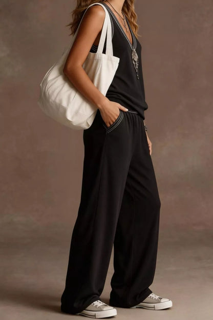 The Chloé — V-Neck Tank and Wide Leg Pants Set - Black, full-length 3/4 angled view - Be Juliet